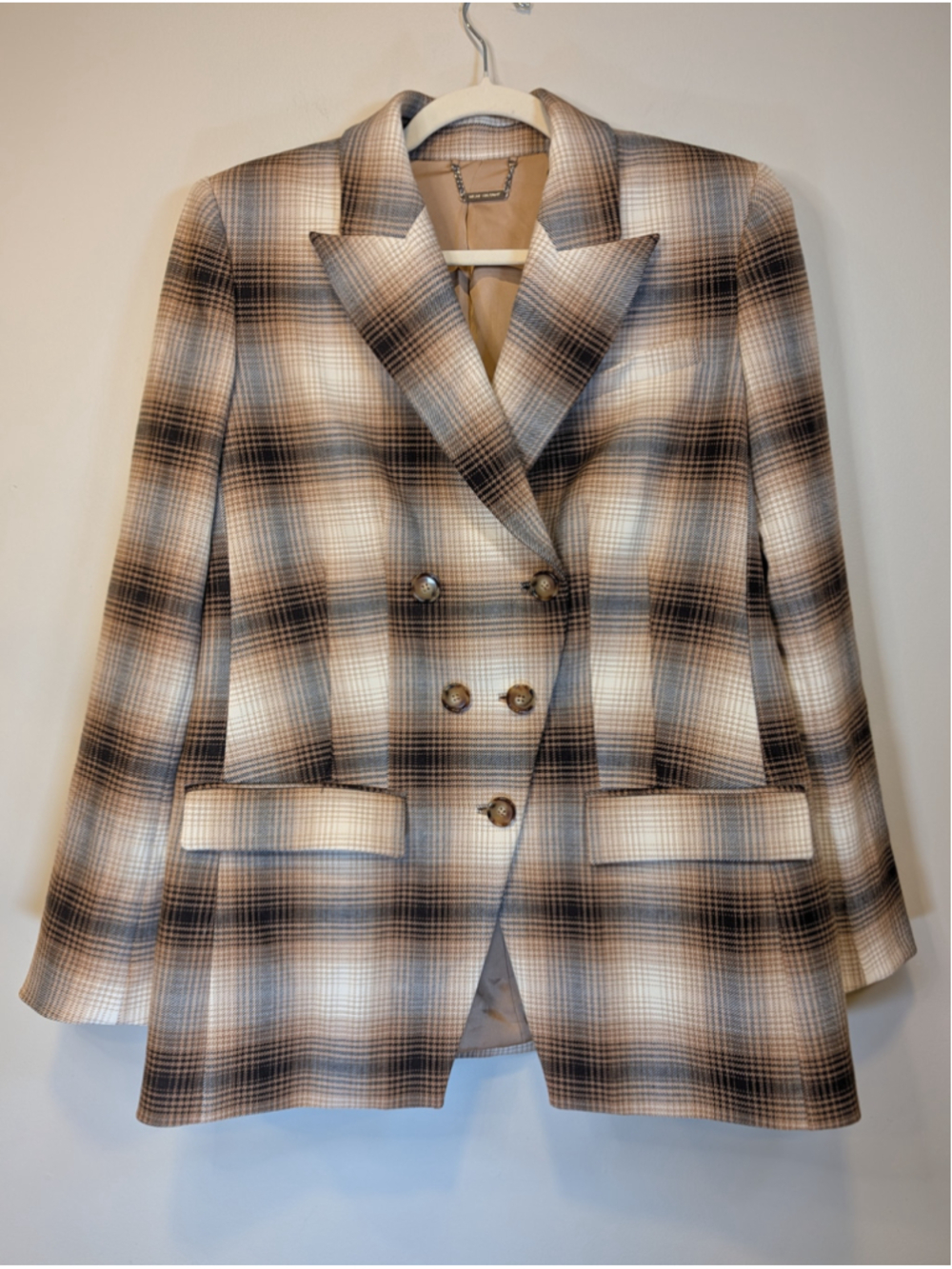 Elie Tahari Ombre Plaid Double Breasted Blazer Jacket Coat Multi Beige Brown 12